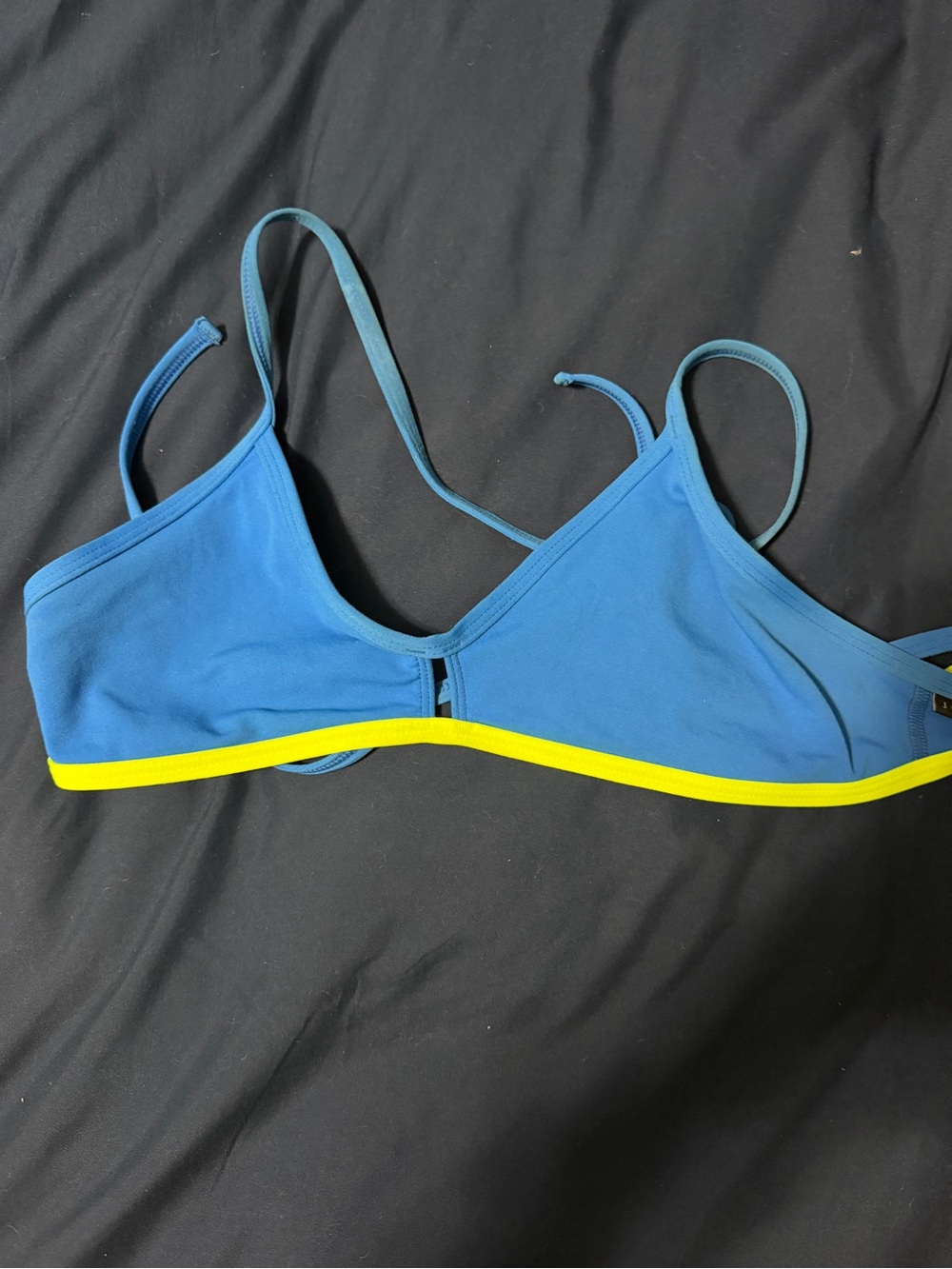 Jolyn Clothing Blue triangle swim top with Yellow Trim tie in the back
